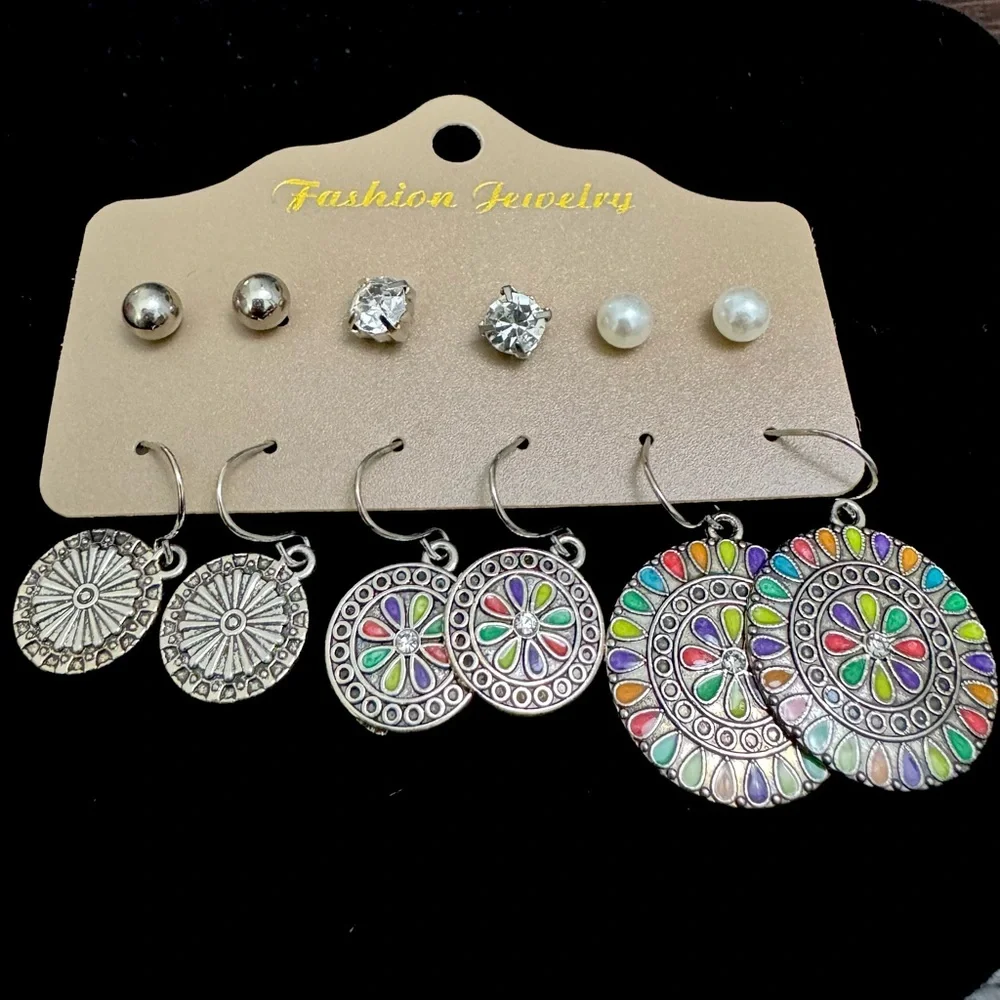 6 Pair Earring Set|Studs+Crystal+Pearl+Rainbow Drop Bundle - Picture 4 of 5